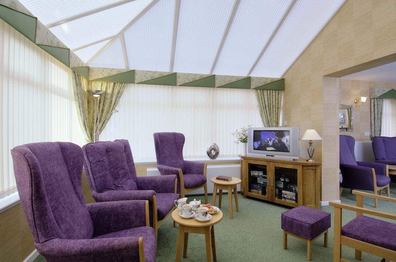 Conservatory lounge area with purple armchairs